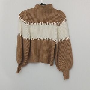French Connection Brown & White Cowl Neck Sweater Size XS Balloon Blouson Sleeve